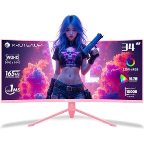 Pink 34 Inch Curved Gaming Monitor, 3440x1440 165Hz Ultrawide Computer Monitor, HDR400 1500R -Pip 1ms(Mprt) ‌125% sRGB, Dci-P3 92%, HDMI/DP, Port, Suitable for Games and Office Work