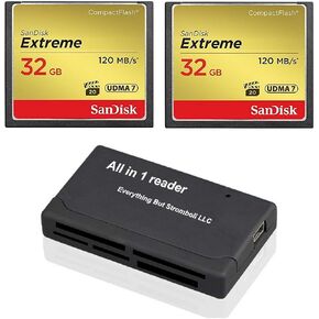SanDisk Extreme 32GB CompactFlash CF Memory Card (2 Pack) Works with Canon EOS 7D Mark II Digital DSLR Cameras HD UDMA 7 (SDCFXSB-032G-G46) Bundle with Everything But Stromboli Combo Reader