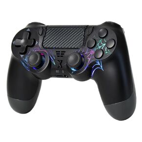Mone Wireless Controller لـ PS4/PC ، تصميم العنكبوت الأسود ، Hall Effect Mownstick ، ​​إضاءة RGB ، الاهتزاز المزدوج ، Gyro 6 محاور ، لوحة اللمس ، شحن النوع C ، مقبس سماعة الرأس 3.5 ملم