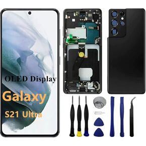 OLED for Samsung Galaxy S21ultra 5G G998U G998U1 LCD Display Touch Screen Digitizer Assembly S21 Ultra Screen Replacement Support Fingerprint (with White Frame+Back Cover+Tools)