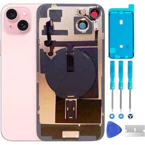 Original 15 Plus Back Glass Replacement & with Plate & Flex Cable and All Parts, Pre-Installed Camera Frame for iPhone 15 Plus + Repair Tools (Pink)