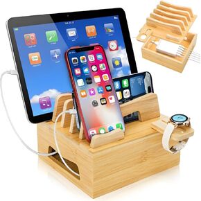 Bamboo Charging Station for Multi Devices, Desktop Docking Stand with Removable Dividers, Cell Phone Docking Station Charger Organizer for Tablets, Smart Watch
