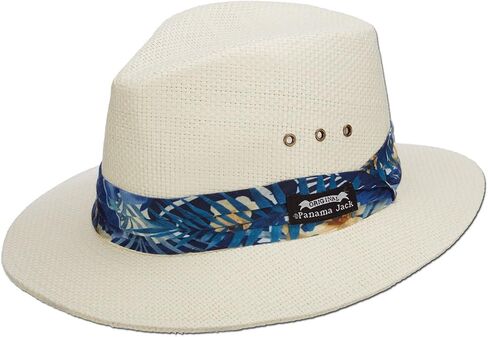 Panama Jack Woven Safari Hat - Matte Toyo Straw, 2 1/2" Brim, Tropical Print Hat Band in Saudi Arabia