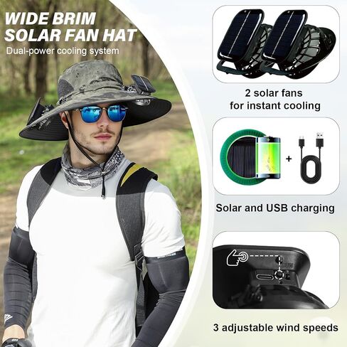 Wide Brim Solar Fan Hat - Outdoor Sun Hat with 2 Built-in Solar Fans,Outdoor Hiking Camping Fishing Hats in Saudi Arabia