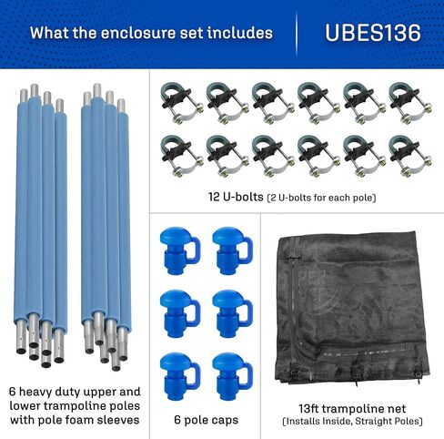 مجموعة حاوية أمان الترامبولين ذات الارتداد العلوي، بما في ذلك شبكة الترامبولين، و6 أعمدة ترامبولين (مع 6 أغطية للأعمدة)، وأكمام إسفنجية لعمود الترامبولين - تناسب إطار الترامبولين المستدير بطول 14 قدمًا - يتم تركيبها داخل الإطار in Kuwait