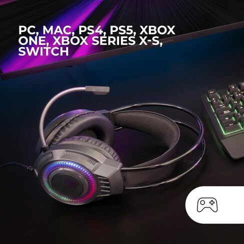 MH124 FRGB Rainbow Gaming Headones ، تصميم مريح ، الميكروفون المرن ، التحكم في مستوى الصوت ، Windows ، Linux ، Mac ، PS4 ، Xbox One ، Xbox Series X | S ، Switch 2 ، Black in Kuwait