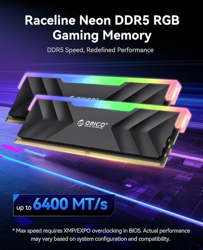 ORICO RACELINE NEON DDR5 RGB RAM 32GB (2x16GB) 6000MHz CL30 ، ذاكرة سطح المكتب DIMM غير المقلدة مع ECC ON-DIE ، ENTEL XMP 3.0 & AMD EXPO ، زمن انتقال منخفض للألعاب-الفضة in Saudi Arabia