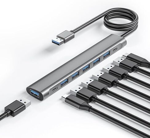 USB Hub Long Cable, 8 Ports USB 3.0 Adapter with 6 USB 3.0 Data Ports,USB-C Data,USB Splitter with USB C 5V/3A Power Port, 47IN/120CM Main Cable for Laptop PC in Kuwait