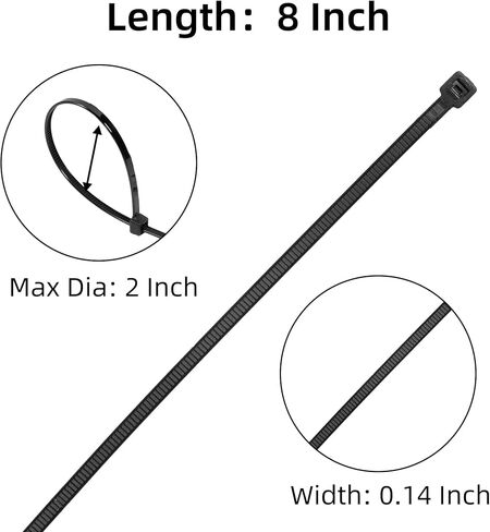 8 Inch Zip Ties (100 PCS) – Heavy Duty 40lbs Tensile Strength, UV Resistant Black Cable Ties for Indoor & Outdoor Use, Durable Nylon Wire Ties for Organizing Cables, Garden, Garage, and More in Saudi Arabia