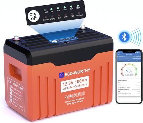 ECO-WORTHY 12V 100AH LiFePO4 Lithium Battery with SOC Display, Upgrade 2.0 with built-in Bluetooth, 100A BMS with Low-Temp Protection, Suitable for RV, Camping, Solar Off-Grid trolling motor in Saudi Arabia