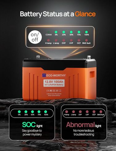 ECO-WORTHY 12V 100AH LiFePO4 Lithium Battery with SOC Display, Upgrade 2.0 with built-in Bluetooth, 100A BMS with Low-Temp Protection, Suitable for RV, Camping, Solar Off-Grid trolling motor in Saudi Arabia