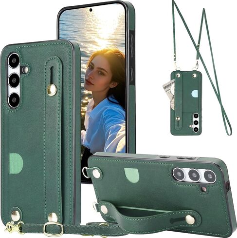 Wallet Case for Samsung Galaxy S24 FE 6.7", PU Leather Crossbody Phone Case with Card Slots, Removable Shoulder Strap, Shockproof Protective Cover for Galaxy S24 FE XK-Green in Saudi Arabia