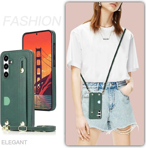 Wallet Case for Samsung Galaxy S24 FE 6.7", PU Leather Crossbody Phone Case with Card Slots, Removable Shoulder Strap, Shockproof Protective Cover for Galaxy S24 FE XK-Green in Saudi Arabia