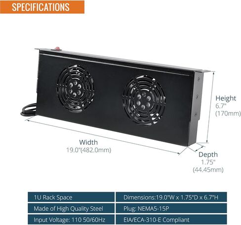 Tecmojo Rack Cabinet Mounted Server 1U 2 Fan Unit Cooling System Exhaust Airflow, for Cooling AV, Home Theater, Network 19inch Racks in Kuwait