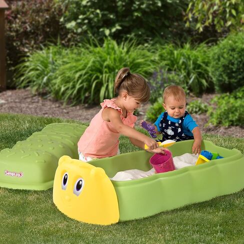 Simplay3 Caterpillar Sandbox with Lid, Kids Plastic Sandbox with Lid for Outdoor Play and Indoor Sensory Play, Made in USA in Saudi Arabia