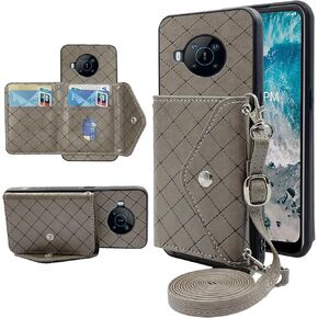 Compatible with Nokia X100 5G Wallet Case with Crossbody Shoulder Strap Stand Leather Credit Card Holder Lanyard Slot Cell Accessories Phone Cover for NokiaX100 X 100 100X TA-1399 Women Grey