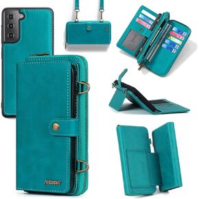 Compatible with Samsung Galaxy S21 FE Gaxaly S 21 FE 5G Wallet Case Crossbody Shoulder Strap Stand Multi-Function 2in 1 Detachable Magnetic Cell Phone Cover for Glaxay S21FE5G UW S21FE 21S G5 Red
