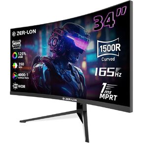 34 inch Ultrawide Curved Gaming Monitor, 21:9 WQHD 3440×1440 165Hz Computer Monitors, 1500R 1ms(MPRT), 125% sRGB, 350nits, FreeSync, HDMI2.0 x2, DP1.4 x2, Wall Mountable/Tilt Adjustable Black