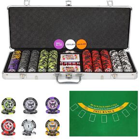مجموعة شرائح البوكر مع الطوائف، 500 قطعة من رقائق الكازينو المركبة بوزن 14 جرامًا مع علبة من الألومنيوم، وطابقين من البطاقات ومفرش طاولة الألعاب، لألعاب المقامرة في لعبة تكساس هولدم بلاك جاك in Kuwait