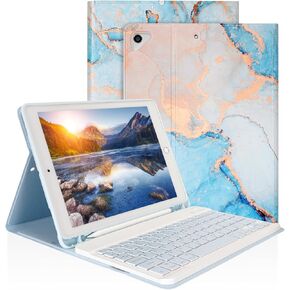 LAMA Keyboard Case لـ iPad 9.7 بوصة 2018 (GEN 6th)/2017 (Gen 5th)/2016 iPad Pro/Air 2/1 ، غطاء لوحة مفاتيح لاسلكية مع حامل قلم رصاص لـ iPad 9.7 بوصة ، والنوم التلقائي/الاستيقاظ ، والأزرق الرخامي