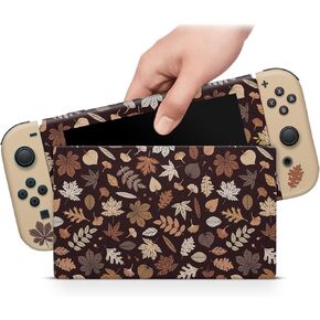 ZOOMHITSKINS Compatible with Switch Skin Cover, Black Brown Beige Autumn Fall Leaf Leaves Forest Wild Flowers Botanical Cute, 3M Vinyl Decal Sticker Wrap, Made in The USA