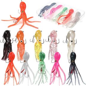 Civaner 10 Pcs Octopus Fishing Lure Soft Octopus Swimbaits with Hook Skirt Tail Plastic Squid Lingcod Rockfish Artificial Sinking Jigs Bait for Saltwater Ocean Fishing