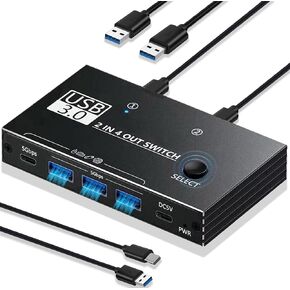 USB 3.0 Switch,USB Switcher 2 Computers Sharing 3X Type A and 1x USB C Port Hub PC Mouse Keyboard Hard Drives Printer One Button Switch Adapter with Windows Mac Linux,3 Cable