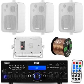 Pyle PDA6BU 200-Watt 2-Channel Digital USB/AUX FM Radio Stereo Amplifier Receiver, Bundle Combo With 4x Enrock EKMR408W 4" Inch 200-Watt 3-Way White Box Speakers, 50 Feet 16-Gauge Speaker Wire