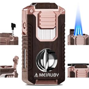 5-in-1 Butane Torch Lighter, Refillable Jet Flame Lighter with V-Cutter, Punch, Holder and Draw Tool, Multi-Functional Accessories Gift for Men, Dad, Husband, Friend