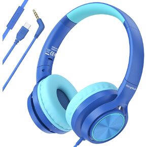 Kids Headphones for School Travel, Upgrade USB Type C Safe Volume 94dB, with Mic HD Stereo Sound Foldable On-Ear Headphones for Boys/Girls/Students/Tablet/Travel Blue