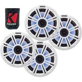 KICKER 8" Marine Speakers (2 Pairs) OEM Replacement Coaxial Speakers for Boat with White Grille and LED Lights 4-ohm. Water and Weather Resistant