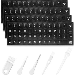 English Keyboard Stickers with Cleaning Brush, Universal Replacement English Keyboard Sticker Laptop Keyboards Stickers Black Background with White Lettering Keyboards Sticker for PC Laptop Computer