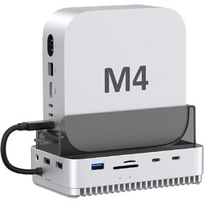 Vertical Docking Station for Mac Mini M4 – USB4 40Gbps M.2 NVMe SSD Enclosure & USB-C Hub, Aluminum Fins Fanless Cooling, Dual Host USB-C Ports, SD/TF 4.0, USB 3.2 & 3.5mm Audio Port