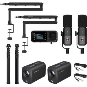 PodPro Duo Podcast Equipment Bundle for 2 (2 VM20 Streaming Camera, 2 AM25X Microphone, 2 ST20 Mic Boom Arm, 1 AMIX40U Audio Mixer, 2 Camera Tripod and 2 XLR Cables)