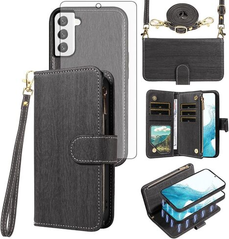 ASUWISH PHONE CASE لـ SAMSUNG GALAXY S22 5G SHIPPER WALLET غطاء خلايا مغناطيسي قابلة للفصل مع حامي الشاشة الزجاجية المتقلب Crossbody Lanyard حامل بطاقة S 22 22S 4G G5 6.1 بوصة سوداء in Saudi Arabia