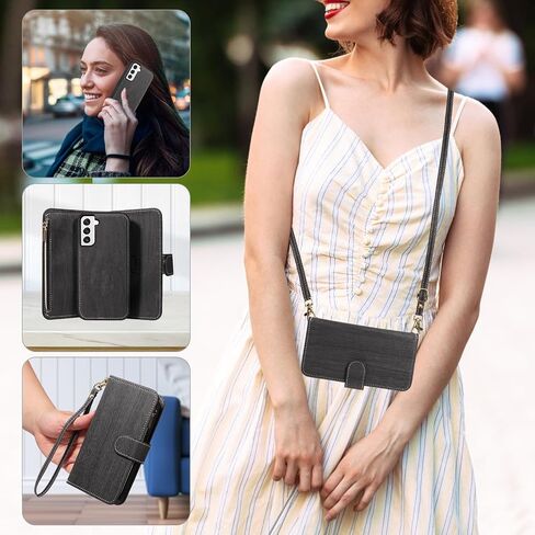ASUWISH PHONE CASE لـ SAMSUNG GALAXY S22 5G SHIPPER WALLET غطاء خلايا مغناطيسي قابلة للفصل مع حامي الشاشة الزجاجية المتقلب Crossbody Lanyard حامل بطاقة S 22 22S 4G G5 6.1 بوصة سوداء in Saudi Arabia