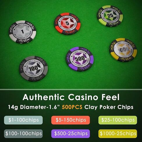 مجموعة شرائح البوكر مع الطوائف، 500 قطعة من رقائق الكازينو المركبة بوزن 14 جرامًا مع علبة من الألومنيوم، وطابقين من البطاقات ومفرش طاولة الألعاب، لألعاب المقامرة في لعبة تكساس هولدم بلاك جاك in Kuwait