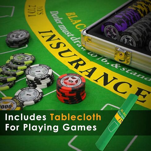 مجموعة شرائح البوكر مع الطوائف، 500 قطعة من رقائق الكازينو المركبة بوزن 14 جرامًا مع علبة من الألومنيوم، وطابقين من البطاقات ومفرش طاولة الألعاب، لألعاب المقامرة في لعبة تكساس هولدم بلاك جاك in Kuwait