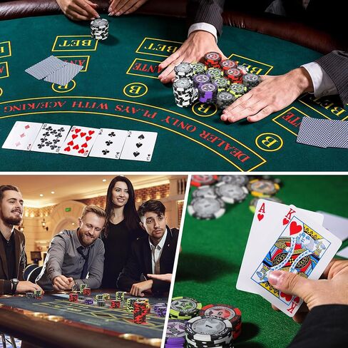 مجموعة شرائح البوكر مع الطوائف، 500 قطعة من رقائق الكازينو المركبة بوزن 14 جرامًا مع علبة من الألومنيوم، وطابقين من البطاقات ومفرش طاولة الألعاب، لألعاب المقامرة في لعبة تكساس هولدم بلاك جاك in Kuwait