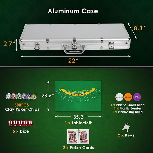 مجموعة شرائح البوكر مع الطوائف، 500 قطعة من رقائق الكازينو المركبة بوزن 14 جرامًا مع علبة من الألومنيوم، وطابقين من البطاقات ومفرش طاولة الألعاب، لألعاب المقامرة في لعبة تكساس هولدم بلاك جاك in Kuwait