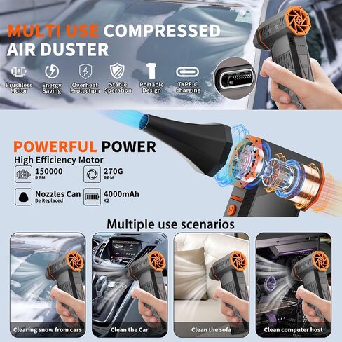 Electric Air Duster-150000RPM Super Power Cordless Air Duster, Rechargeable Brushless Motor Durable Blower, 3-Gear Adjustable Dust Blower for Computer, Keyboard, Outdoor, House and Car in Saudi Arabia