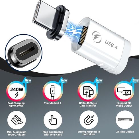 USB C Magnetic Adapter 240W, (2 Pack) Magnetic USBC Adapter 24 Pin Straight with USB4 40Gbps 8K 60Hz Video for iPhone 15/16 Series, Thunderbolt 3/4, MacBook Pro/Air and More Type C Devices, White in Saudi Arabia