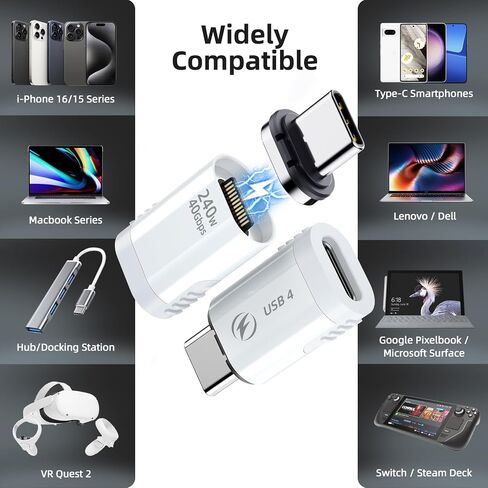 USB C Magnetic Adapter 240W, (2 Pack) Magnetic USBC Adapter 24 Pin Straight with USB4 40Gbps 8K 60Hz Video for iPhone 15/16 Series, Thunderbolt 3/4, MacBook Pro/Air and More Type C Devices, White in Saudi Arabia