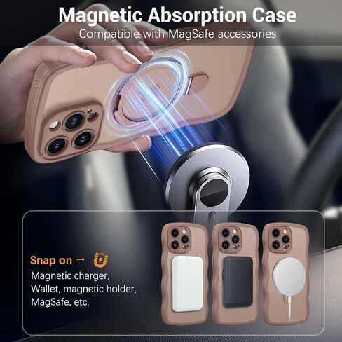 BENTOBEN Magnetic for iPhone 15 Pro Max Case with Invisible Stand [Compatible with Magsafe] Cute Curly Wavy Phone Case iPhone 15 Pro Max Slim Ring Kickstand Shockproof Women Men Cover, Desert Titanium in Saudi Arabia