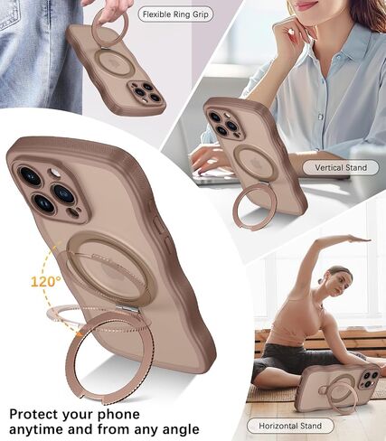 BENTOBEN Magnetic for iPhone 15 Pro Max Case with Invisible Stand [Compatible with Magsafe] Cute Curly Wavy Phone Case iPhone 15 Pro Max Slim Ring Kickstand Shockproof Women Men Cover, Desert Titanium in Saudi Arabia