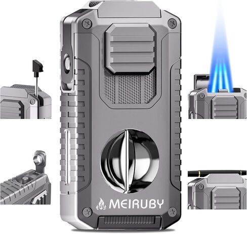5-in-1 Butane Torch Lighter, Refillable Jet Flame Lighter with V-Cutter, Punch, Holder and Draw Tool, Multi-Functional Accessories Gift for Men, Dad, Husband, Friend in Saudi Arabia
