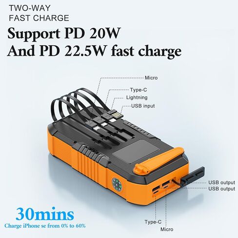 Solar Charger Power Bank 66800mAh Built in Hand Crank and 4 Cables, 22.5W Fast Charging PowerBank 6 Outputs & 4 Inputs, Portable Charger with Camping Flashlights & Compass for Outdoor (Orange) in Saudi Arabia
