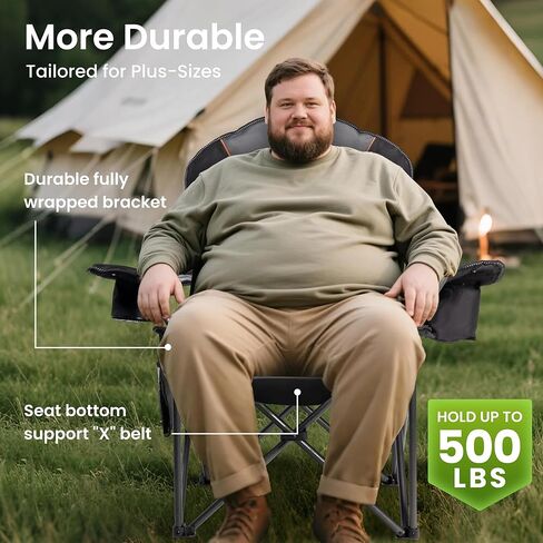 كرسي التخييم الضخم 500 رطل - كرسي قابل للطي محمول مع حقيبة برودة ، حامل كوب وحالة هاتف مقاومة للماء للبالغين ، الشاطئ ، المشي لمسافات طويلة ، الفناء الخلفي (الأسود والرمادي) in Kuwait