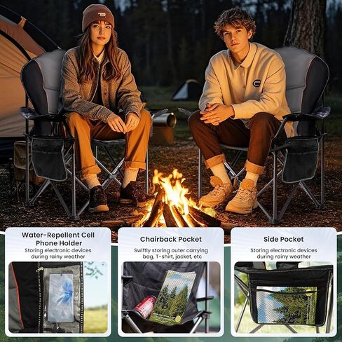 كرسي التخييم الضخم 500 رطل - كرسي قابل للطي محمول مع حقيبة برودة ، حامل كوب وحالة هاتف مقاومة للماء للبالغين ، الشاطئ ، المشي لمسافات طويلة ، الفناء الخلفي (الأسود والرمادي) in Kuwait