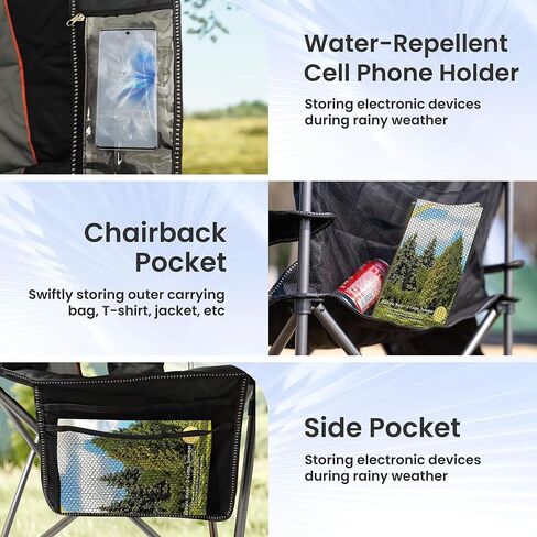 كرسي التخييم الضخم 500 رطل - كرسي قابل للطي محمول مع حقيبة برودة ، حامل كوب وحالة هاتف مقاومة للماء للبالغين ، الشاطئ ، المشي لمسافات طويلة ، الفناء الخلفي (الأسود والرمادي) in Kuwait
